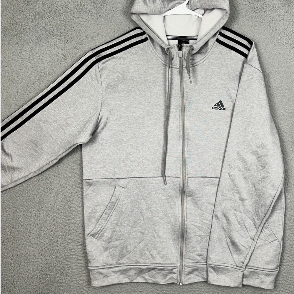 Adidas Hoodie Mens Large ClimaWarm Full Zip Grey 3-Stripe Fleece Jacket Pocket